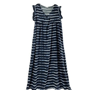 Solution Maxi Dress Womens Large‎ Navy Blue Stripe Ruffle Sleeve Casual